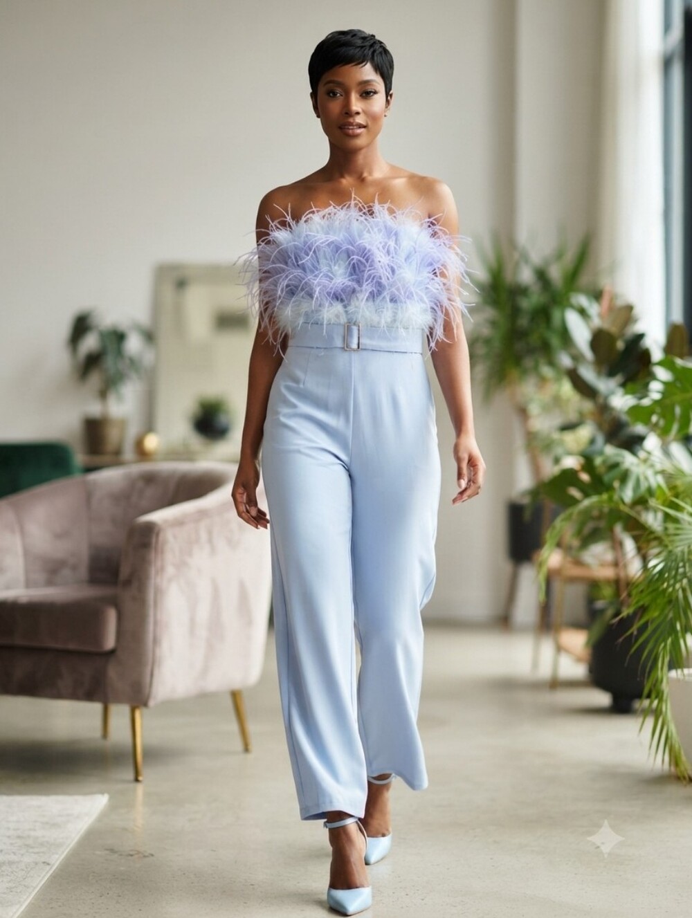 Strapless Blue Jumper Pantsuit • Ostrich Feather Embellished Bustier.